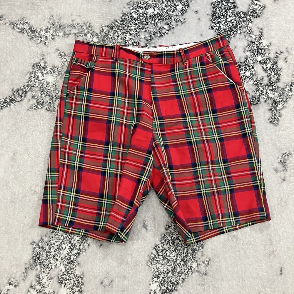 Royal & Awesome Tartan Plaid Golf Shorts Red Multicolor Mens Size 36